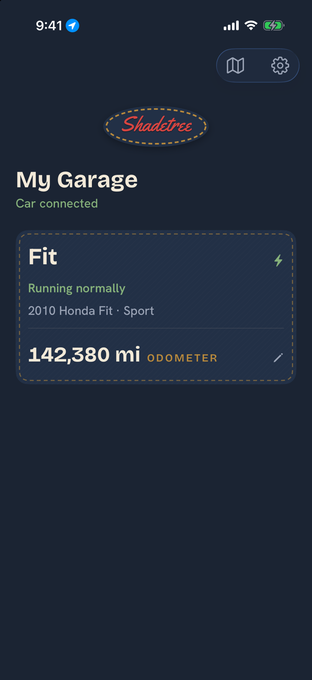 Shadetree garage screen showing a 2010 Honda Fit running normally with its odometer